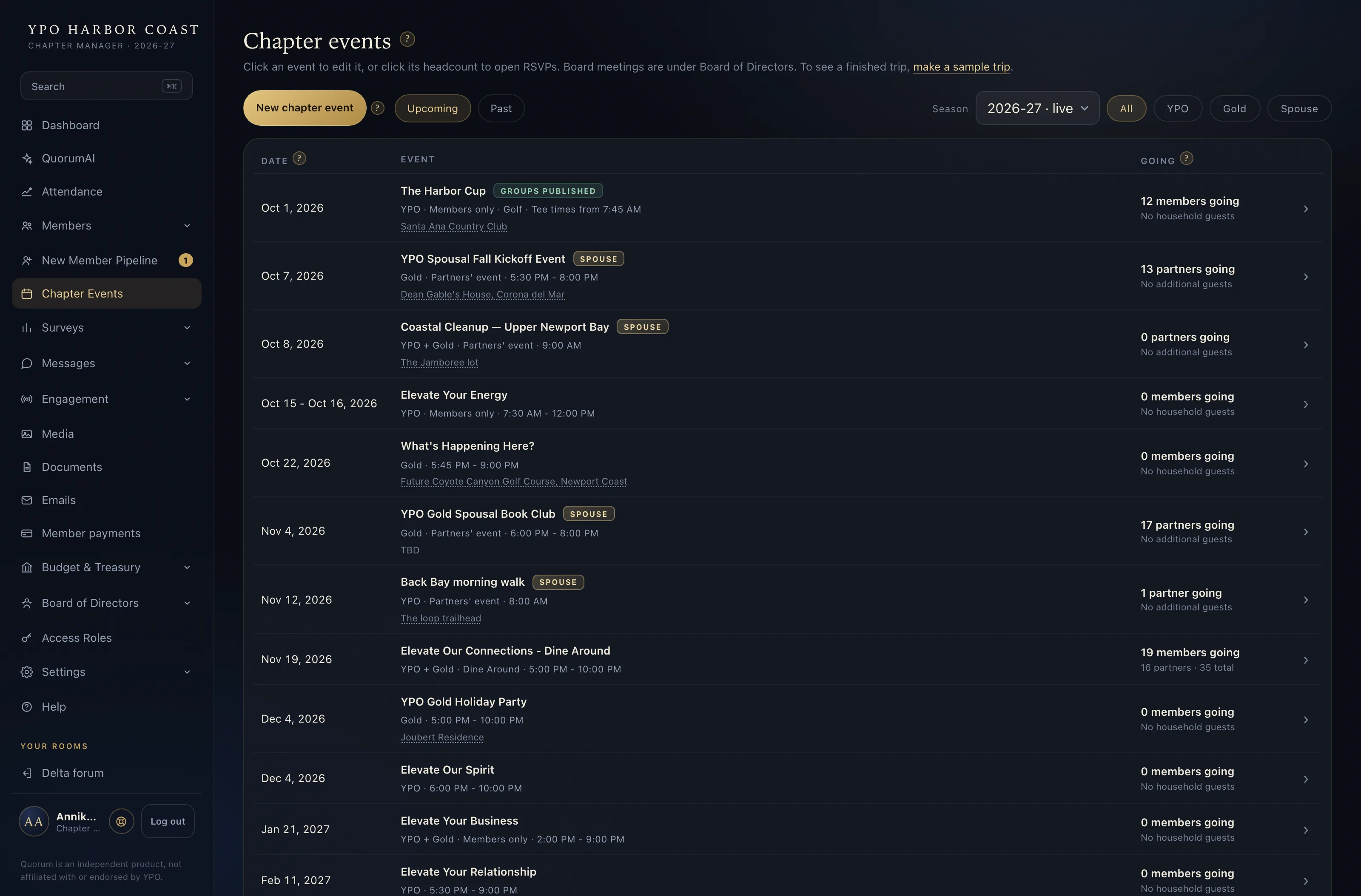 The console's season: the chapter's events in one list, each with who is invited and how many are going